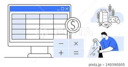 Financial management, grocery budgeting, online shopping, e-commerce, digital transactions, cost analysis. A computer screen with a calculator icon and grocery items. Financial management and grocery 140390805