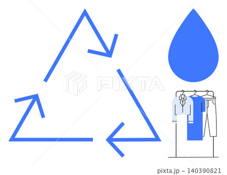 Sustainable living, environmental conservation, eco-friendly fashion, water conservation, recycling, resource management. Recycling symbol with water droplet and clothing rack. Sustainable living Sustainable living, environmental conservation, eco-friendly fashion, water conservation, recycling, resource management. Recycling symbol with water droplet and clothing rack. Sustainable living 140390821