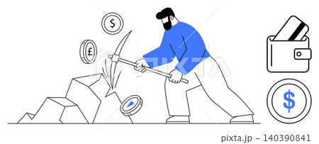 Cryptocurrency mining, digital finance, investment, blockchain technology, currency exchange, wealth generation. Miner extracting currency coins with pickaxe and digital wallet. Cryptocurrency mining Cryptocurrency mining, digital finance, investment, blockchain technology, currency exchange, wealth generation. Miner extracting currency coins with pickaxe and digital wallet. Cryptocurrency mining 140390841