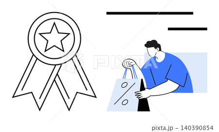 E-commerce, customer satisfaction, online shopping, discounts, quality assurance, retail. A person holds a shopping bag with a percentage symbol next to an award ribbon. Online shopping and customer 140390854