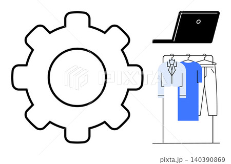 Technology integration, fashion industry, e-commerce, wardrobe management, digital solutions, business strategy. Gear symbol, laptop clothes on a rack. Technology integration and fashion industry Technology integration, fashion industry, e-commerce, wardrobe management, digital solutions, business strategy. Gear symbol, laptop clothes on a rack. Technology integration and fashion industry 140390869
