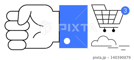 E-commerce, digital purchases, online notifications, shopping alerts, mobile commerce, consumer habits. A hand gesture with a shopping cart icon and notification symbol. E-commerce and digital 140390879