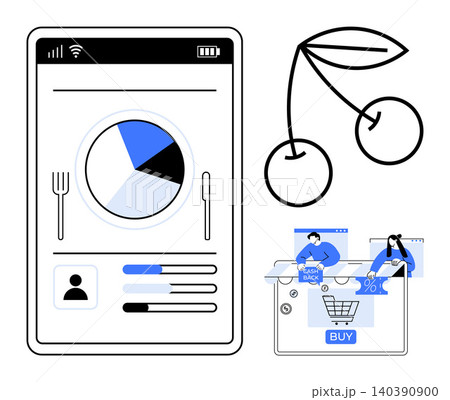 Finance, diet management, technology, online shopping, cashback, data tracking. Smartphone displaying pie chart with cherries. Finance and diet management concepts Finance, diet management, technology, online shopping, cashback, data tracking. Smartphone displaying pie chart with cherries. Finance and diet management concepts 140390900