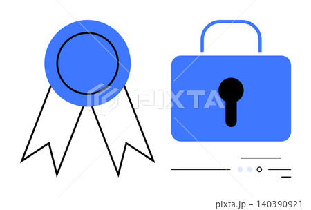 Security, authentication, trust, certification, safety, achievement. Blue award badge and lock icon with clean layout. Security and trust concept safety and reliability 140390921