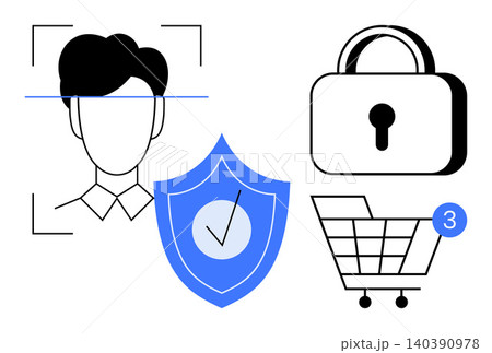 Digital security, identity verification, data privacy, e-commerce, cybersecurity, authentication. A face scan, shield checkmark padlock and shopping cart are displayed. Identity verification Digital security, identity verification, data privacy, e-commerce, cybersecurity, authentication. A face scan, shield checkmark padlock and shopping cart are displayed. Identity verification 140390978