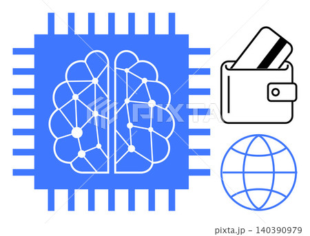 Artificial intelligence, digital payments, global connectivity, neural networks, fintech, and data security. Brain chip with neural network, wallet with card globe icon. Artificial intelligence Artificial intelligence, digital payments, global connectivity, neural networks, fintech, and data security. Brain chip with neural network, wallet with card globe icon. Artificial intelligence 140390979