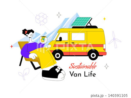 Sustainable Van Life Vector Illustration Featuring Eco Friendly Camper Van, Remote Work, Renewable Living, and Green Travel Lifestyle 140391105