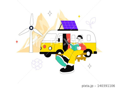 Sustainable Van Life Vector Illustration Featuring Eco Friendly Camper Van, Remote Work, Renewable Living, and Green Travel Lifestyle Sustainable Van Life Vector Illustration Featuring Eco Friendly Camper Van, Remote Work, Renewable Living, and Green Travel Lifestyle 140391106