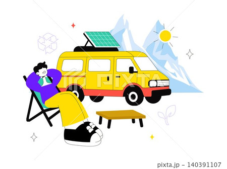 Sustainable Van Life Vector Illustration Featuring Eco Friendly Camper Van, Remote Work, Renewable Living, and Green Travel Lifestyle 140391107