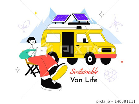 Sustainable Van Life Vector Illustration Featuring Eco Friendly Camper Van, Remote Work, Renewable Living, and Green Travel Lifestyle Sustainable Van Life Vector Illustration Featuring Eco Friendly Camper Van, Remote Work, Renewable Living, and Green Travel Lifestyle 140391111