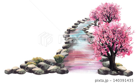 Japanese garden stream bordered grey stones with blooming Sakura Cherry blossoms trees and small shrubs. Hand painted watercolor illustration. Isolated on white background for zen, oriental designs. 140391435