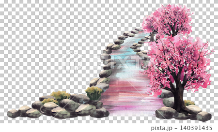 Japanese garden stream bordered grey stones with blooming Sakura Cherry blossoms trees and small shrubs. Hand painted watercolor illustration. Isolated on white background for zen, oriental designs. 140391435