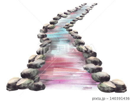Winding river or Eastern garden stream with grey stones. Hand drawn watercolor illustration. Japanese style creek with blue, pink reflections. Isolated landscape element for zen, spa, wellness design Winding river or Eastern garden stream with grey stones. Hand drawn watercolor illustration. Japanese style creek with blue, pink reflections. Isolated landscape element for zen, spa, wellness design 140391436