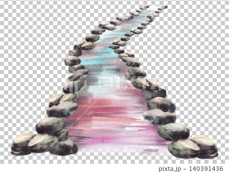 Winding river or Eastern garden stream with grey stones. Hand drawn watercolor illustration. Japanese style creek with blue, pink reflections. Isolated landscape element for zen, spa, wellness design Winding river or Eastern garden stream with grey stones. Hand drawn watercolor illustration. Japanese style creek with blue, pink reflections. Isolated landscape element for zen, spa, wellness design 140391436