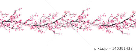Blooming sakura tree branches seamless border. Cherry blossom hand painted watercolor illustration. Isolated on white background pattern. Pink flowers floral design for asian spring card, wedding. Blooming sakura tree branches seamless border. Cherry blossom hand painted watercolor illustration. Isolated on white background pattern. Pink flowers floral design for asian spring card, wedding. 140391438