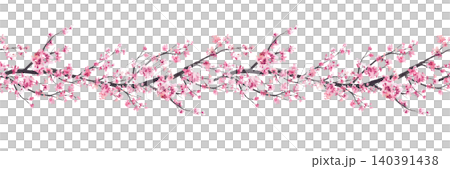 Blooming sakura tree branches seamless border. Cherry blossom hand painted watercolor illustration. Isolated on white background pattern. Pink flowers floral design for asian spring card, wedding. Blooming sakura tree branches seamless border. Cherry blossom hand painted watercolor illustration. Isolated on white background pattern. Pink flowers floral design for asian spring card, wedding. 140391438