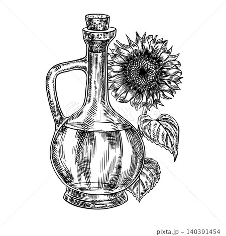 Sunflower oil. Black and white hand-drawn vector illustration. Glass bottle of oil and sunflower flower. Design element for labels and packaging, banners, posters, and more. 140391454