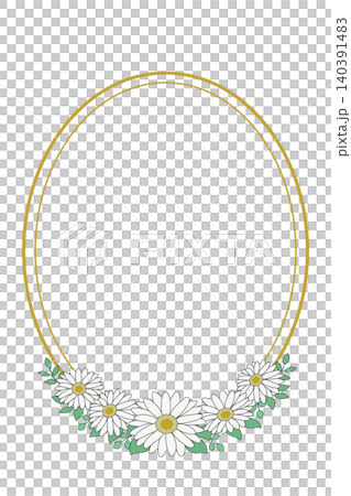 天然橢圓形相框，飾以非洲菊和樹葉，金色，適合慶典場合。 140391483