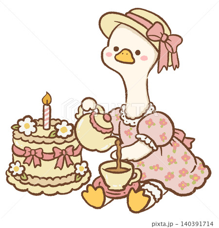 Cute Goose In Floral Dress Pouring Tea Beside Birthday Cake With Candle And Coquette Tea Party Decor Cute Goose In Floral Dress Pouring Tea Beside Birthday Cake With Candle And Coquette Tea Party Decor 140391714