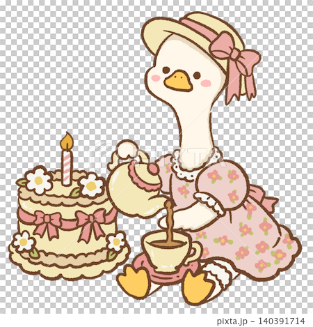 Cute Goose In Floral Dress Pouring Tea Beside Birthday Cake With Candle And Coquette Tea Party Decor Cute Goose In Floral Dress Pouring Tea Beside Birthday Cake With Candle And Coquette Tea Party Decor 140391714