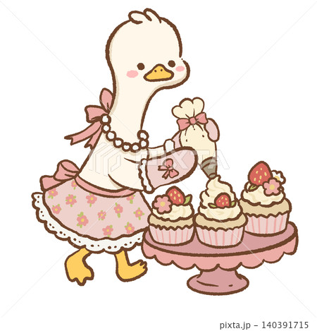 Cute Goose Piping Frosting Onto Strawberry Cupcakes On Elegant Dessert Stand Sweet Bakery Birthday Tea Party Illustration 140391715
