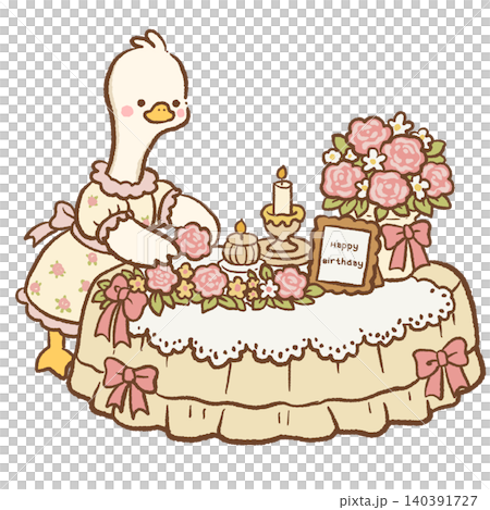 Cute Goose Arranging Pink Roses And Candles On Elegant Birthday Tea Party Table Vintage Coquette Celebration Character Illustration Cute Goose Arranging Pink Roses And Candles On Elegant Birthday Tea Party Table Vintage Coquette Celebration Character Illustration 140391727