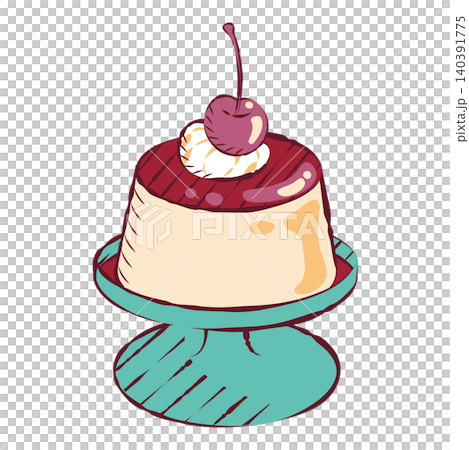 An illustration of a retro custard pudding topped with a cherry. An illustration of a retro custard pudding topped with a cherry. 140391775