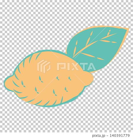 Hand-drawn illustration of a lemon with leaves 140391779