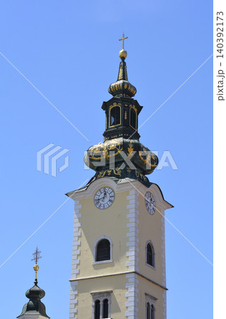 Baroque bell tower of Saint Marys Church on Dolac Market in Zagreb 140392173