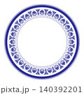 Round frame with floral pattern. Decorative element for design in Eastern style. Beautiful blue round frame arabesque. Pattern frame for round surfaces, household utensils, textiles, embroidery, plate 140392201