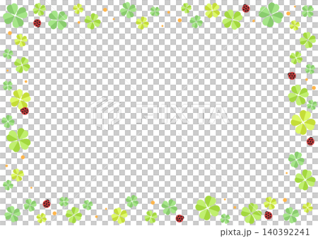 A cute frame featuring a four-leaf clover and a ladybug, with a background illustration of fresh greenery and early summer events. 140392241