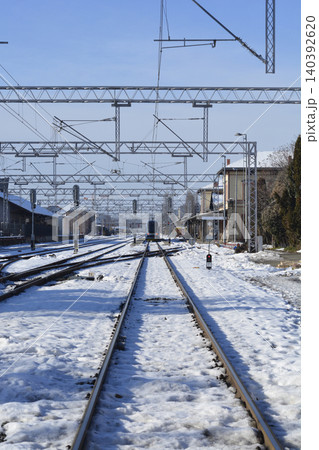 Snowy railway tracks leading to Zapadni kolodvor in Zagreb 140392620