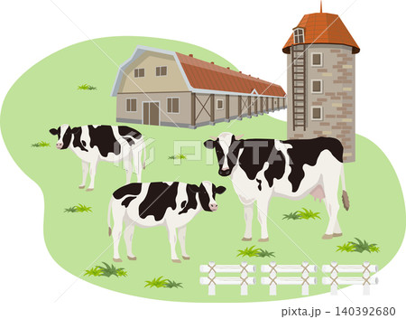 牧場の牛とサイロ 140392680