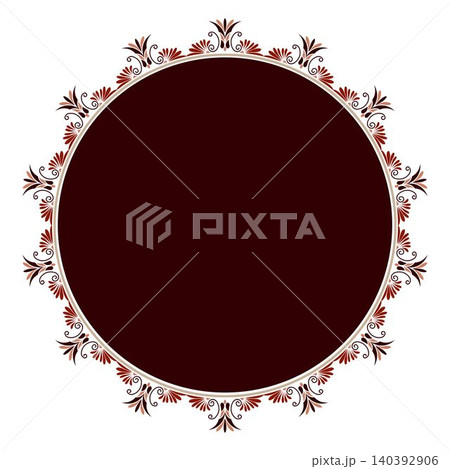 Round floral frame with Greek key, meander. Elegant element for design in Eastern style. Floral border. Circle frame. Egyptian, Assyrian, Greek motif. Lace illustration for invitation, greeting card. Round floral frame with Greek key, meander. Elegant element for design in Eastern style. Floral border. Circle frame. Egyptian, Assyrian, Greek motif. Lace illustration for invitation, greeting card. 140392906