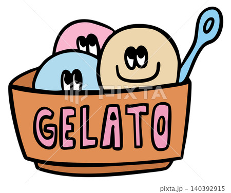 Hand drawn gelato ice cream cup for sweet dessert, cafe, restaurant, menu, recipe, baking book, stickers, food, snack time, shop, kids and children, brunch, cuisine, summer vibe, sugar, cartoon, comic 140392915