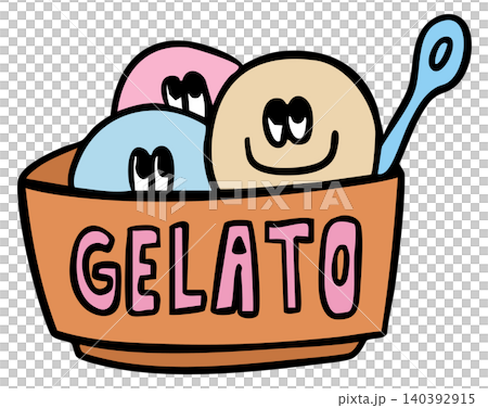 Hand drawn gelato ice cream cup for sweet dessert, cafe, restaurant, menu, recipe, baking book, stickers, food, snack time, shop, kids and children, brunch, cuisine, summer vibe, sugar, cartoon, comic 140392915