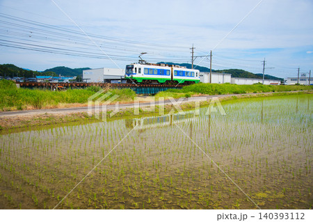 田植えが始まった田園地帯を走る福鉄福武線 田植えが始まった田園地帯を走る福鉄福武線 140393112
