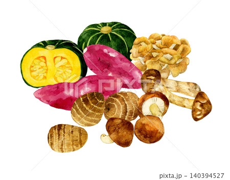秋の味覚のお野菜セット 手描き水彩イラスト素材 秋の味覚のお野菜セット 手描き水彩イラスト素材 140394527