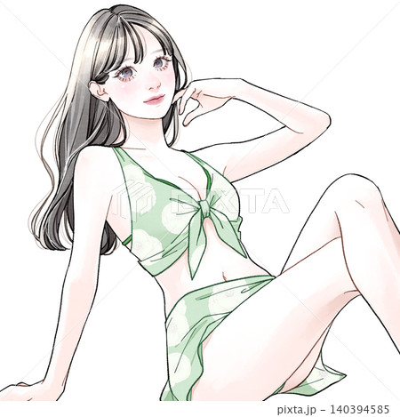 水着を着て座っている女性_グリーン 140394585