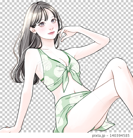 水着を着て座っている女性_グリーン 140394585