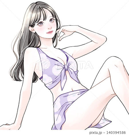 水着を着て座っている女性_パープル 水着を着て座っている女性_パープル 140394586