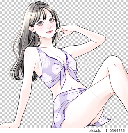 水着を着て座っている女性_パープル 水着を着て座っている女性_パープル 140394586