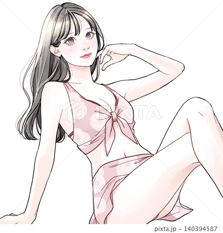 水着を着て座っている女性_ピンク 140394587