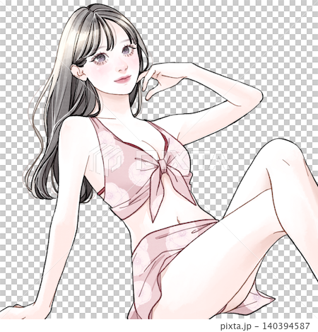 水着を着て座っている女性_ピンク 140394587