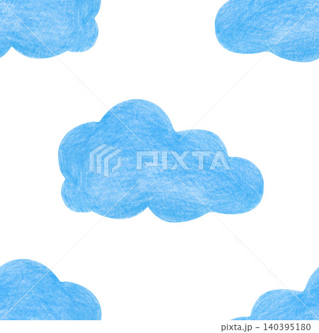 A hand-drawn seamless colored pencil pattern with blue fluffy clouds on an isolated background. This magical weather texture is perfect for prints on baby textiles, nursery wallpaper, baby sleep 140395180