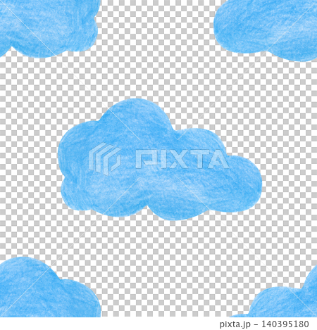 A hand-drawn seamless colored pencil pattern with blue fluffy clouds on an isolated background. This magical weather texture is perfect for prints on baby textiles, nursery wallpaper, baby sleep 140395180
