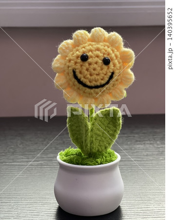 Handmade Crochet Sunflower In Pot With Smiling Face Handmade Crochet Sunflower In Pot With Smiling Face 140395652