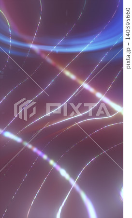 Delicate iridescent light trails and glowing curved fibers crossing a soft pastel abstract background with futuristic motion. 140395660
