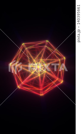 Red and yellow glowing wireframe polyhedron on a dark background, representing abstract geometry, data, and digital network structure. 140395661