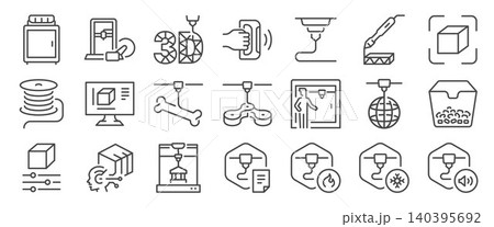 3D print icon set. It includes a printer, vinyl, plastic, machine, model, and more icons. 3D print icon set. It includes a printer, vinyl, plastic, machine, model, and more icons. 140395692